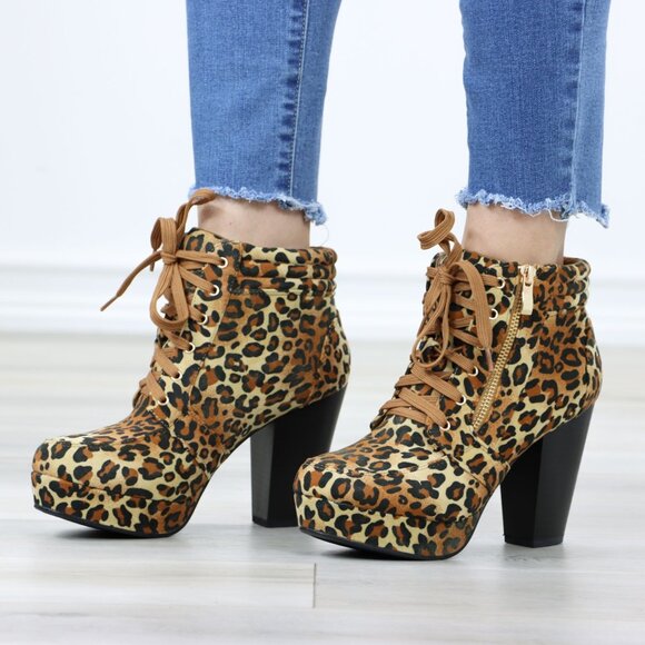 Leopard Print Ankle Boots Lace-Up Chunky Heel Faux Suede Animal Print - Picture 12 of 12